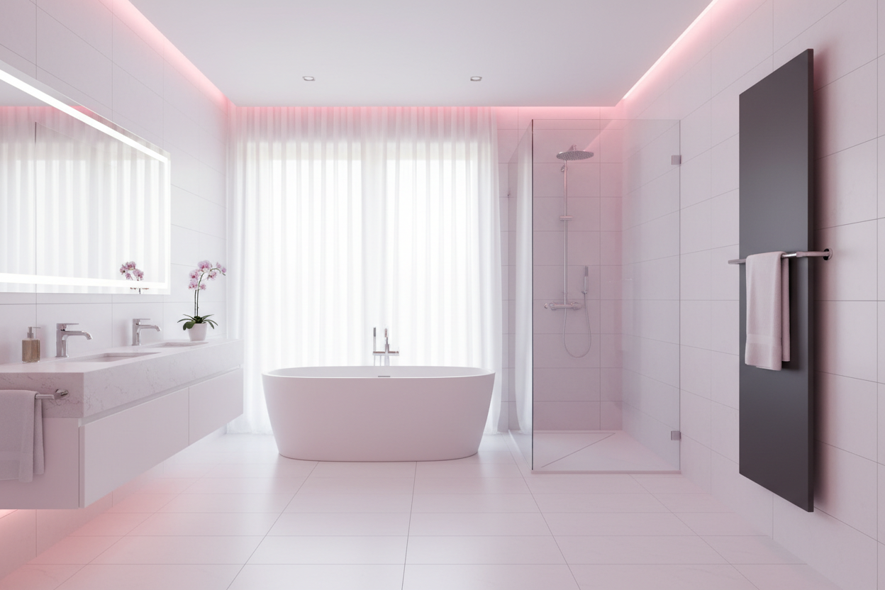 Infrarotheizung Bad mit Handtuchhalter – schlankes Design in modernem Badezimmer