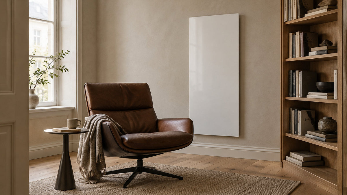 Weiße Glas-Infrarotheizung an der Wand einer Altbau-Leseecke mit Ledersessel und Bücherregal