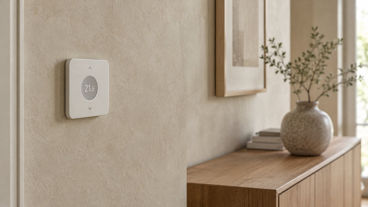 Weißer digitaler Raumthermostat an einer Kalkputzwand zur Regelung von Infrarotheizungen