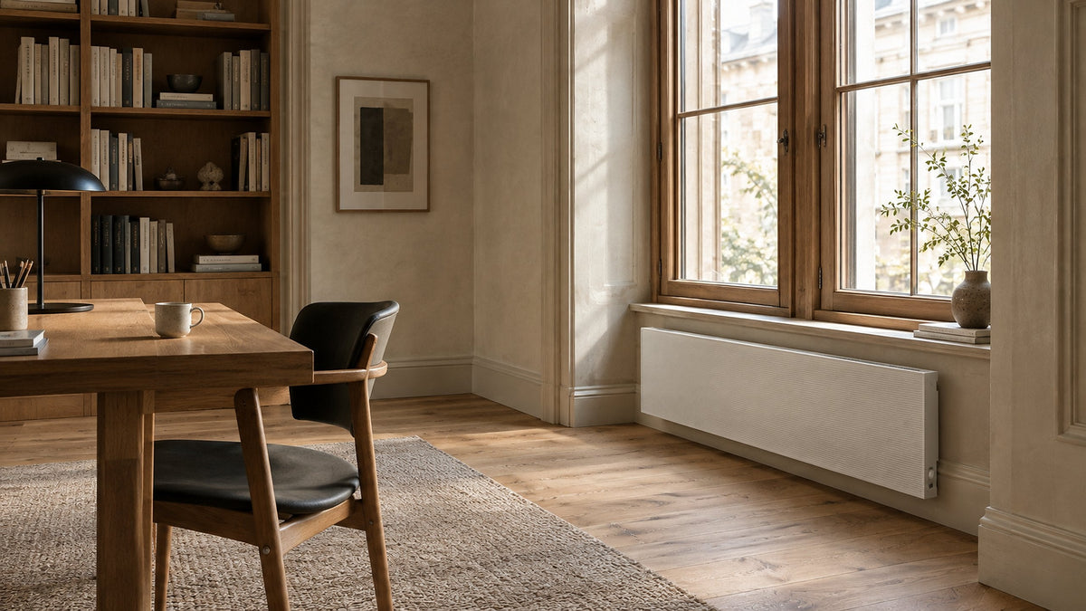 Flache weiße Teilspeicherheizung unter dem Fenster eines hellen Altbau-Arbeitszimmers mit Eichendielen
