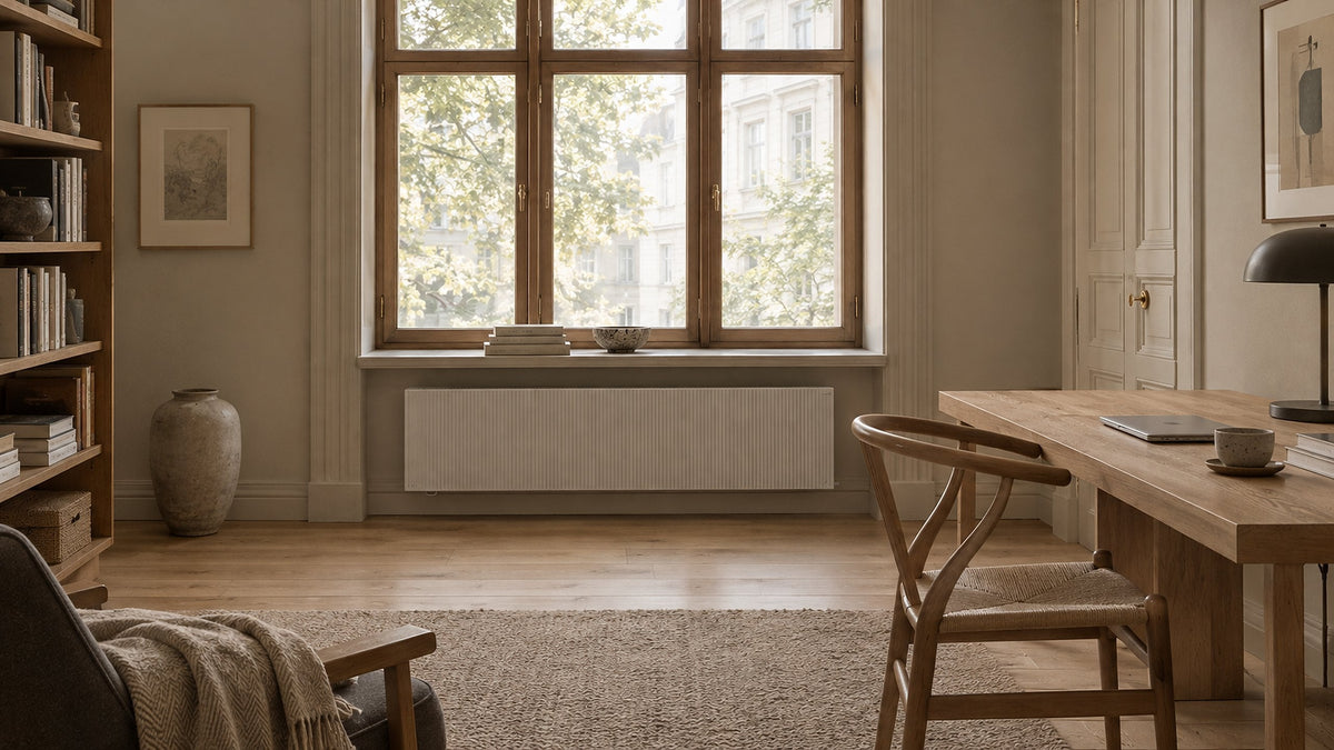 Flache weiße Teilspeicherheizung unter dem Fenster eines Altbau-Arbeitszimmers