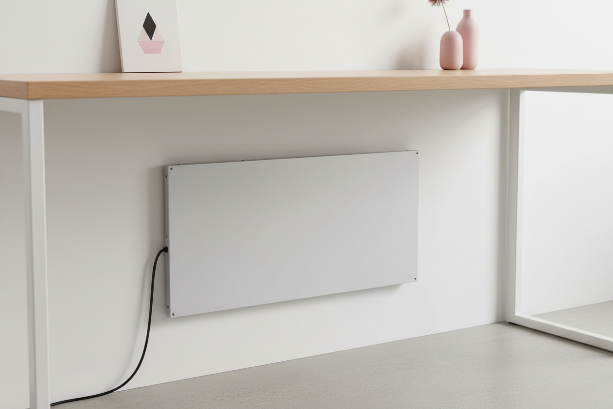 Infrarot-Untertischheizung flach an der Wand montiert – dezente Fußwärme am Schreibtisch