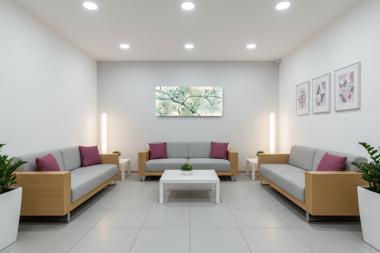 Infrarotheizung Wand mit Bildmotiv – elegantes Design in professionellem Wartezimmer