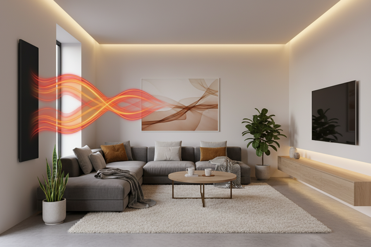 Wohnraum mit Wandheizung und geschwungenen Wärmewellen